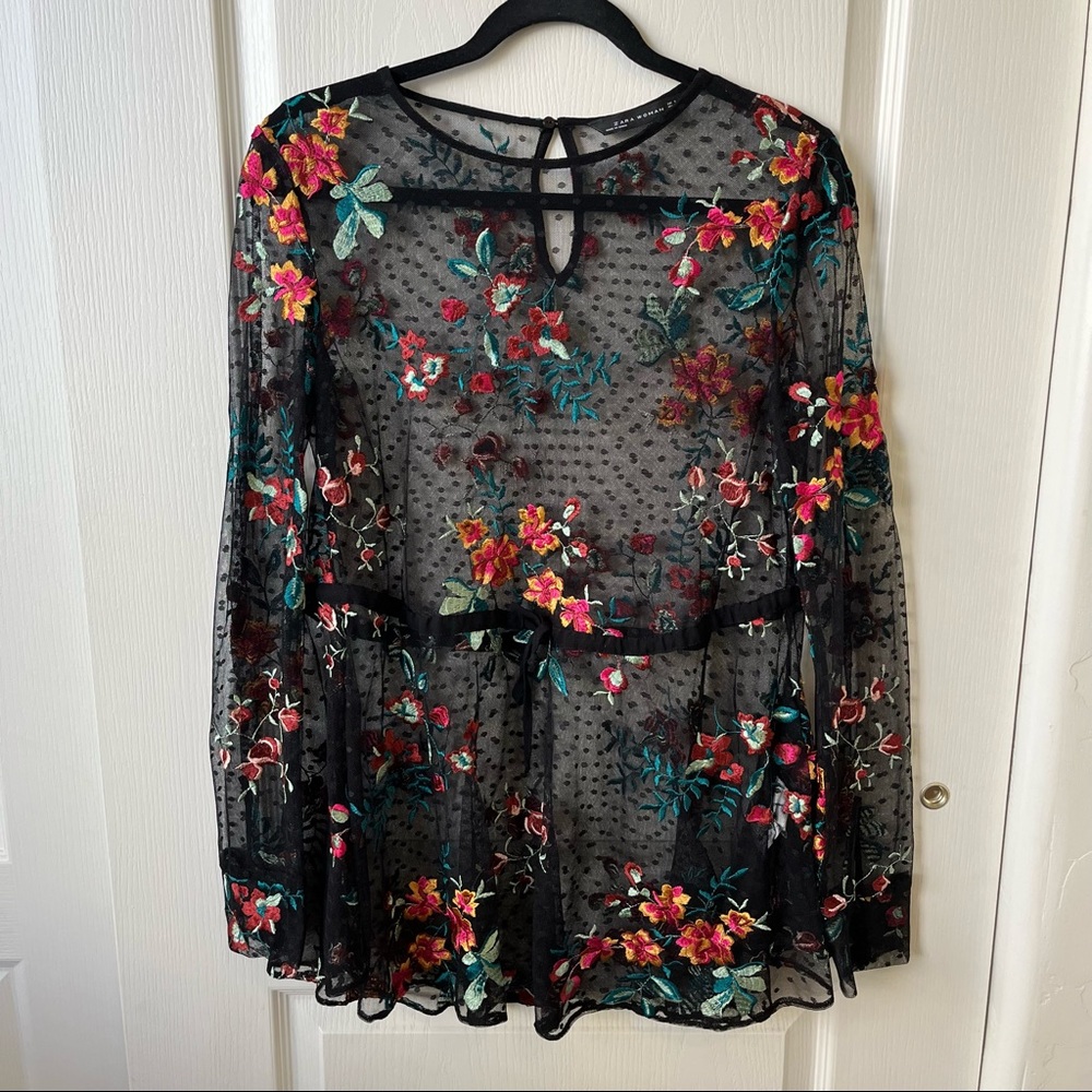Zara sheer black floral embroidered long sleeve lace top / dress